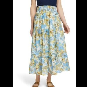 Faherty Ivy Floral Tiered Skirt Size XL Preppy Smock Waist Cotton Silk Pull On